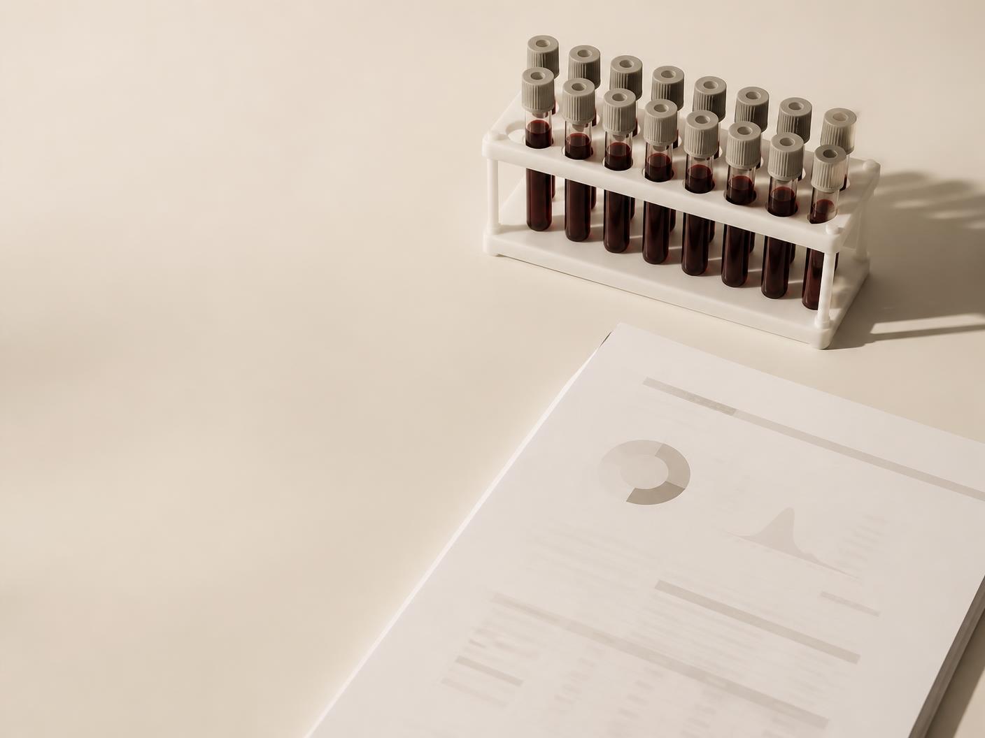 Blood sample vials beside a laboratory report on a warm ivory surface