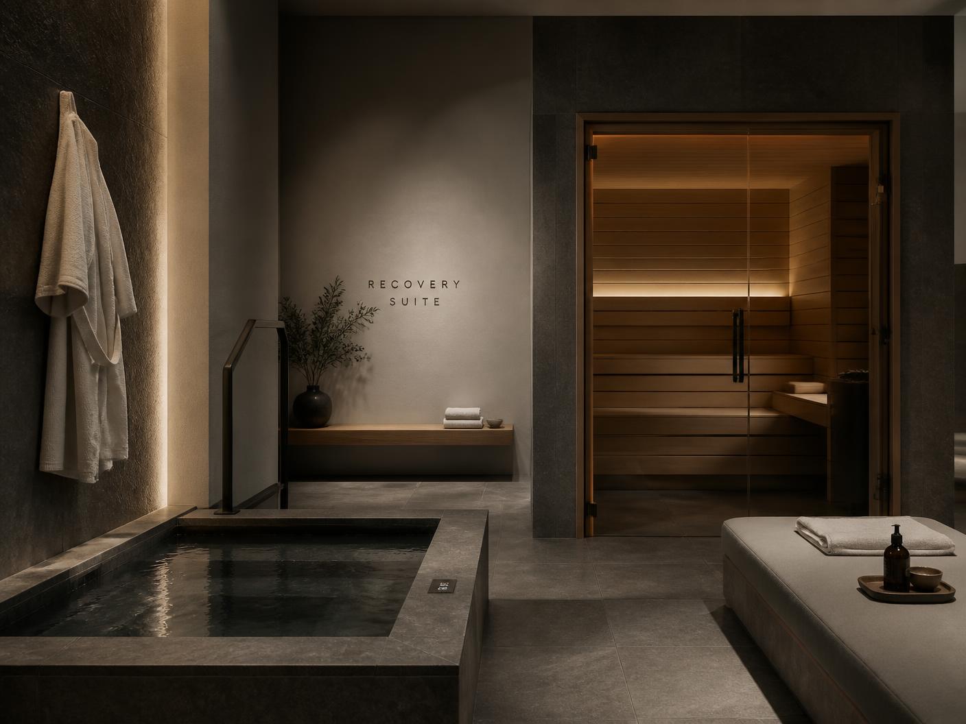 A quiet recovery suite with a cold plunge and sauna