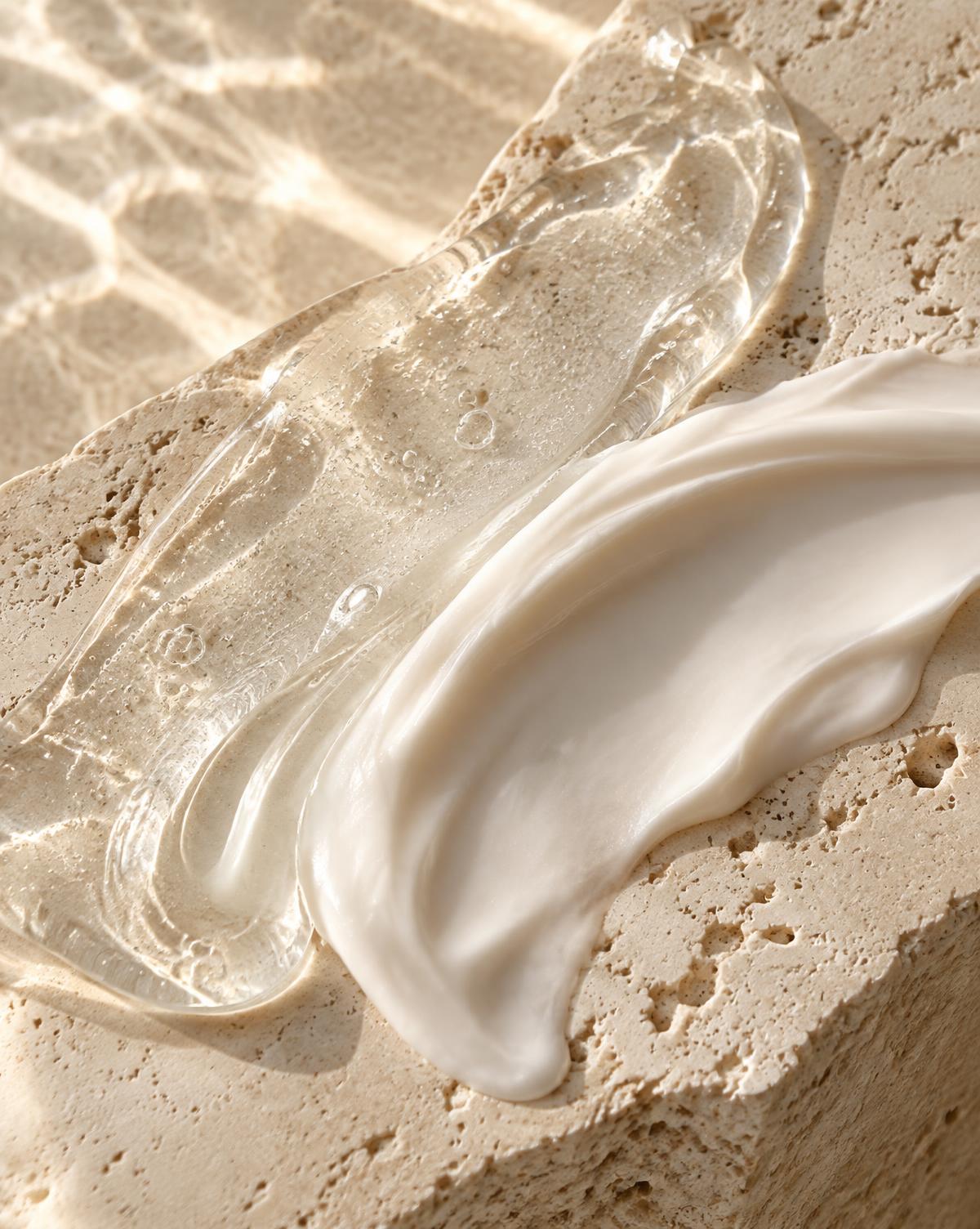 Skincare gel and cream textures on pale stone